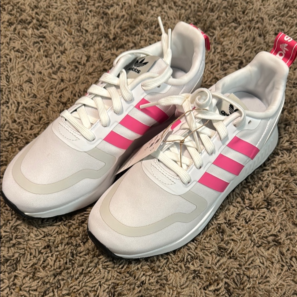 Adidas Women's White and Pink Striped Sneakers